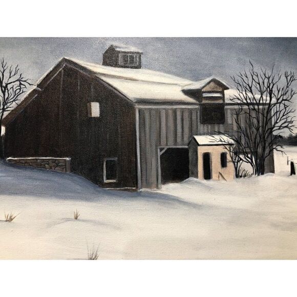 Vintage LAKE ORION Barn Winter Oil Painting by Ceinwyn Sutherland 18 x 14 - Picture 2 of 4